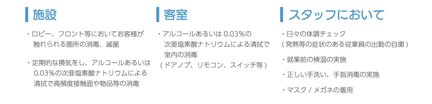 施設 ・ロビー、フロント等においてお客様が
　触れられる箇所の消毒、滅菌 ・定期的な換気をし、アルコールあるいは0.03％の次亜塩素酸ナトリウムによる　清拭で高頻度接触面や物品等の消毒  客室 ・アルコールあるいは0.03％の次亜塩素酸ナトリウムによる清拭で室内の消毒 (ドアノブ、リモコン、スイッチ等)  スタッフにおいて ・日々の体調チェック(発熱等の症状のある従業員の出勤の自粛)・就業前の検温の実施 ・正しい手洗い、手指消毒の実施 ・マスク/メガネの着用